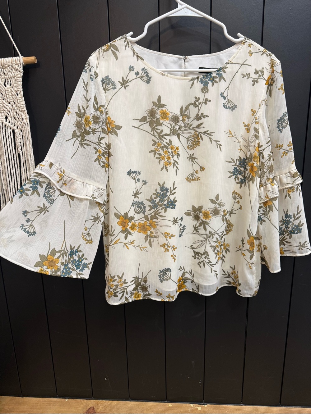 Banana Republic Cream Floral Bell-Sleeve Blouse with Mustard & Sage Details